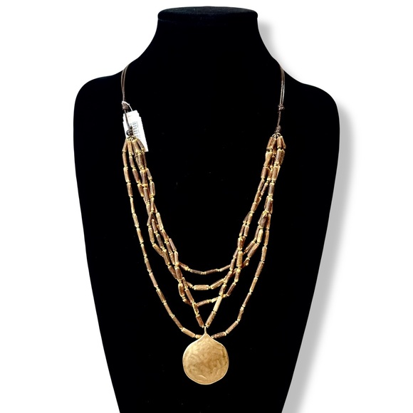 JJill Wooden Bead Multi Strand Gold Medallion Necklace - Picture 6 of 7